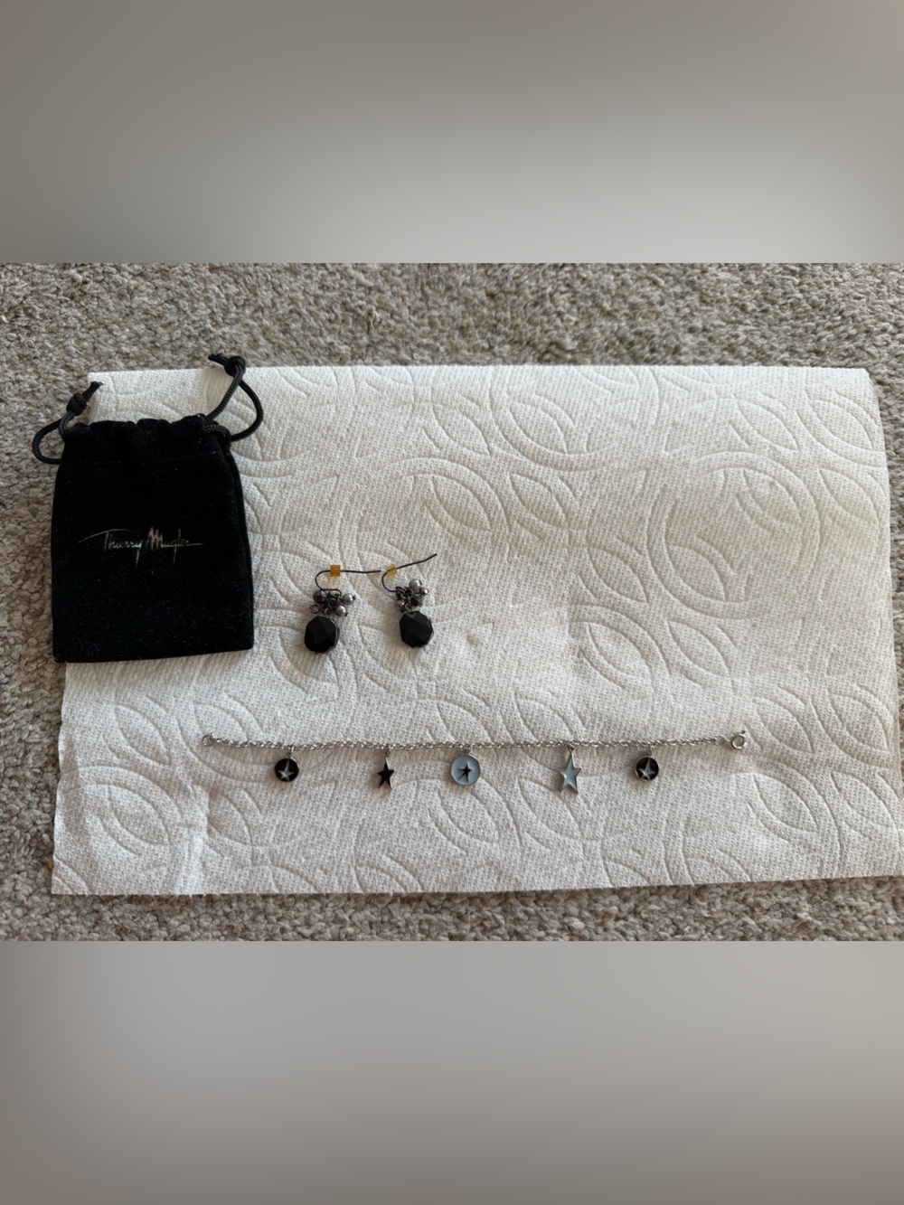 Silver Star & Black Charm Bracelet with Black Bead Earrings